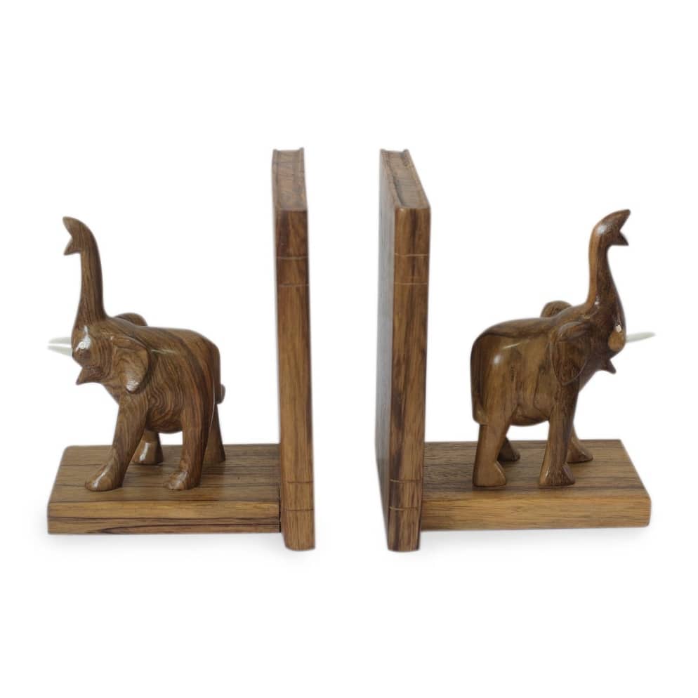 Handmade Good Luck Elephant Wood bookends (Ghana ) - 7.75" H x 12.25" W x 5.25" D