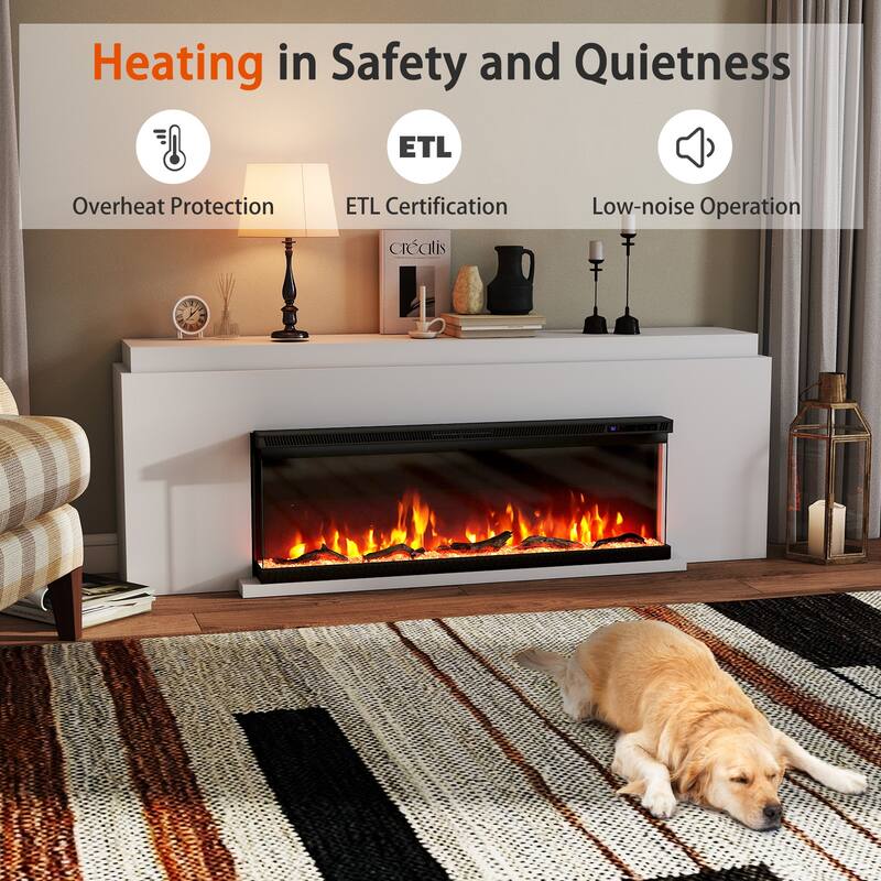 Black 3-Sided Electric Fireplace with Remote and Panoramic Tempered Glass Flames 5000 BTU Heater