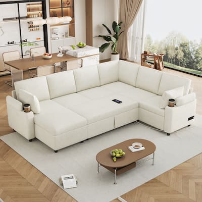 Roomfitters U-Shaped Sectional Sleeper Sofa with Storage, USB Ports and Cup Holders, Convertible Bed for Living Room