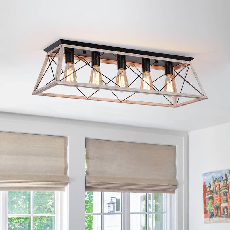 Farmhouse 5-Light Trapezoidal Cage Iron Ceiling Light - Whitewashed