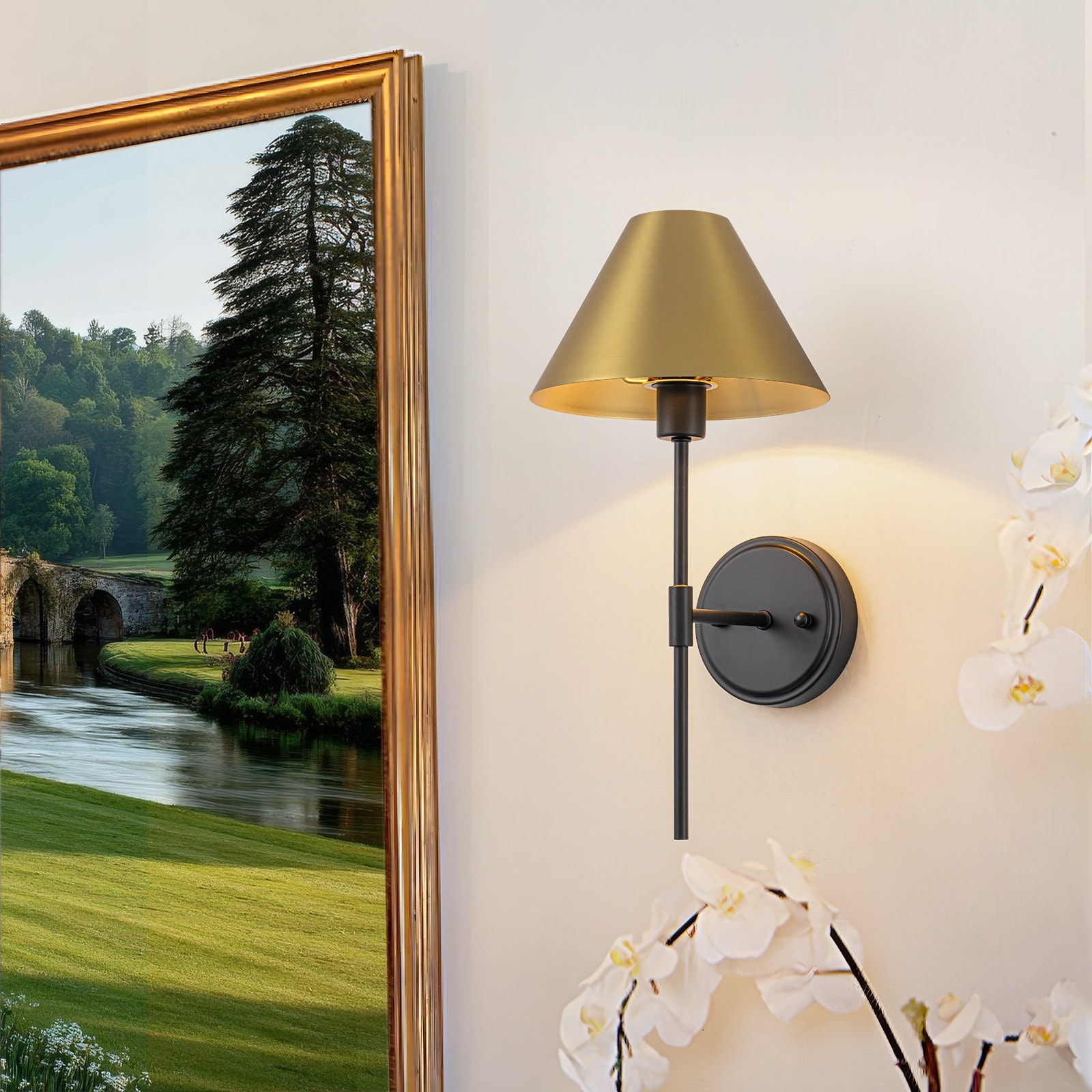 Modern 1-Light Wall Sconce with Cone Metal Shade for Bedroom, Hallway, Living Room - Black Gold - 7.9" W x 9.8" D x 16.1" H