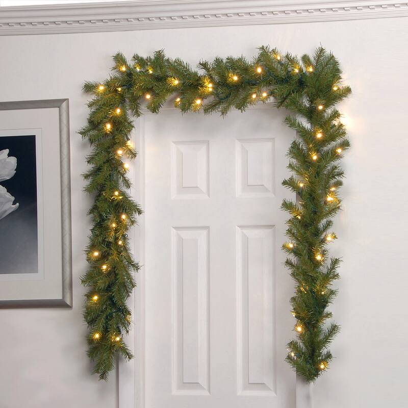 National Tree Company 9' x 10" Norwood Fir Garland with 50 Battery Operated Soft White LED Lights - Green
