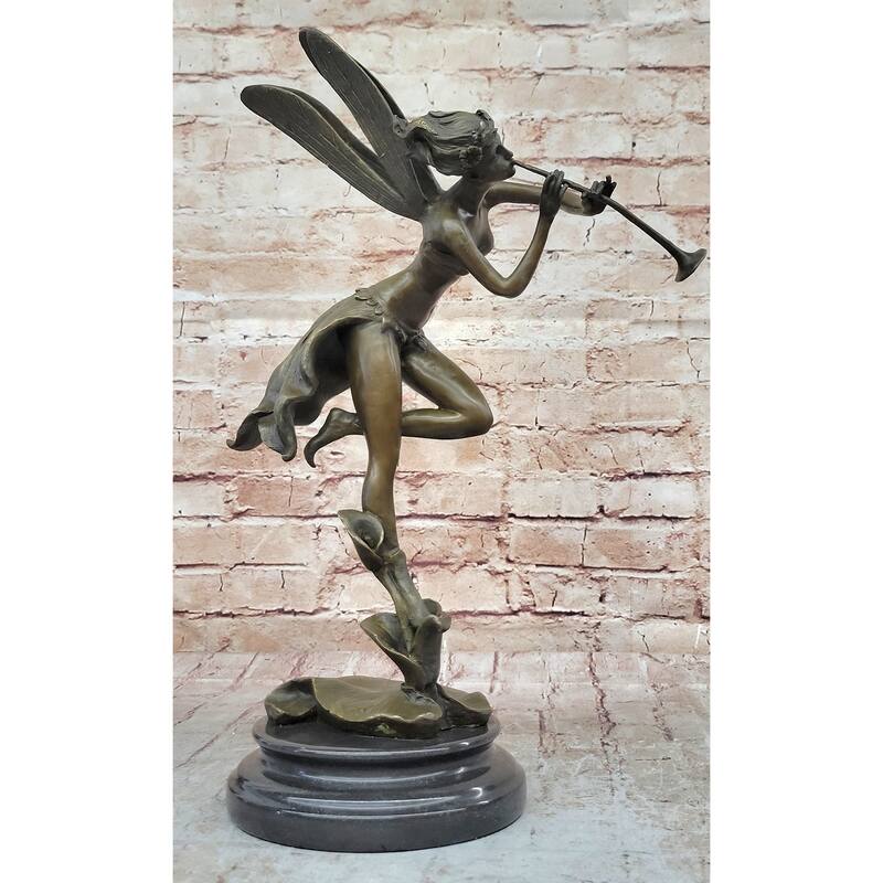 Trumpeting Winged Angel Fairy Garden Statue Bronze Sculpture Signed Art 15 Inches X 10 Inches