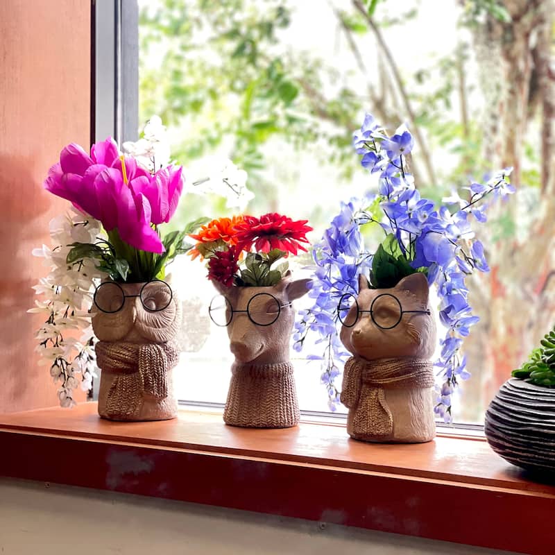 Bespectacled Fox Cement Vase 8.25In Cute Fox Planter, Animal Flower