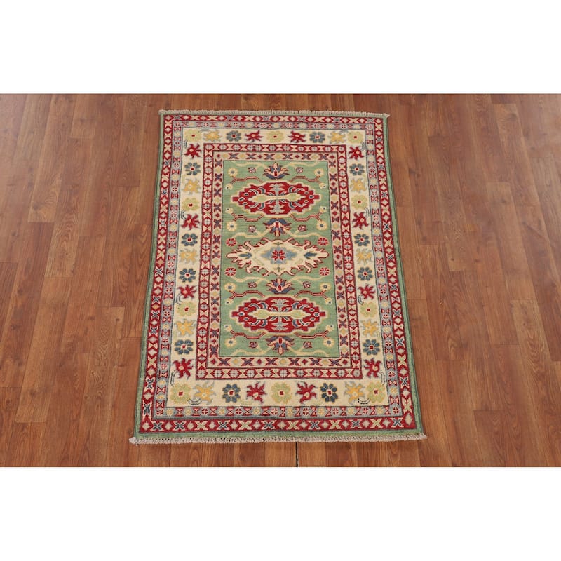 Light Green Kazak Oriental Rug Handmade Traditional Wool Carpet - 2'7" x 3'10"