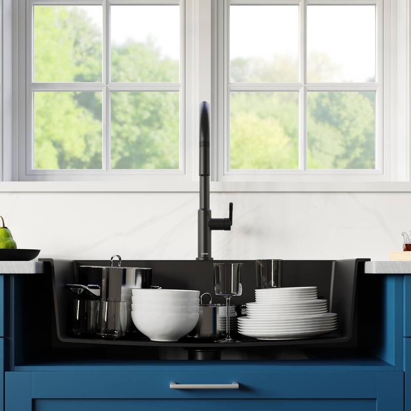 Karran QT-812 Top Mount 33 in. Large Single Bowl Quartz Kitchen Sink in Black With Kitchen Faucet in Matte Black