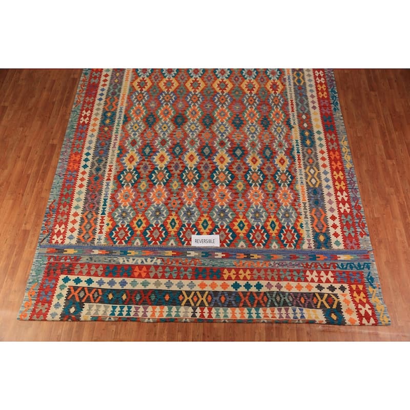 All-Over Geometric Kilim Oriental Large Rug Flatweave Wool Carpet - 10'0"x 15'9"