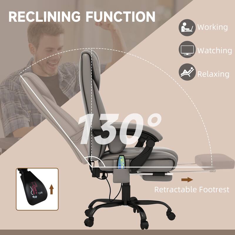 Executive Leather Desk Chair with 6-Point Massage, Adjustable Height, Reclining Back, Footrest & Remote Control
