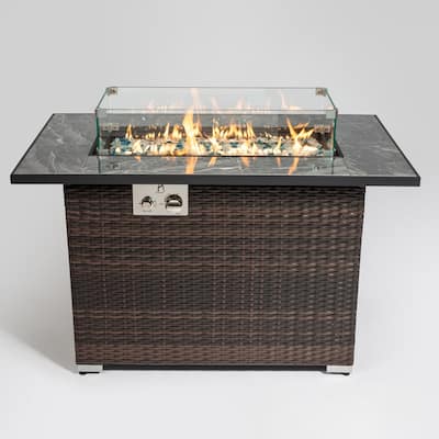 43.3 in. Wx 24.8 in. H 50,000 BTU Rectangle Wicker Propane Fire Pit Table in Dark Brown with Glass windshield