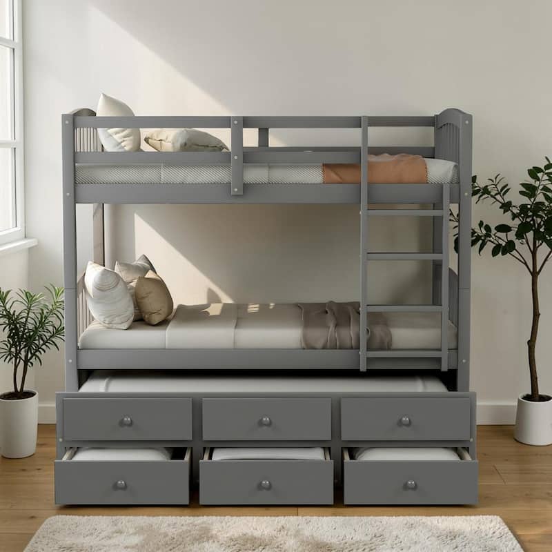 Twin Over Twin Bunk Bed with Trundle and 3 Drawers, Wooden Bunk Bed with Ladder and Safety Rails, Space Saving - Grey - Twin