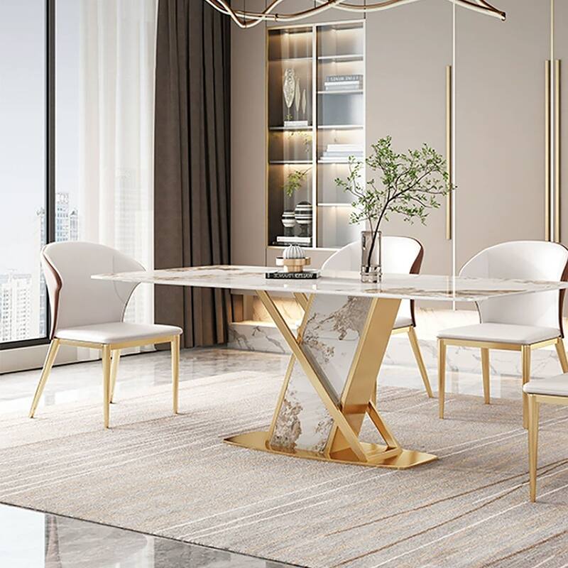 71" Rectangular Modern Dining Table, Glossy Stone tabletop, Luxury Kitchen Table for Dining Room, for 6