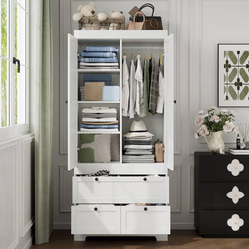 Gyomojoy Large White Wardrobe Closet with Drawers & Doors, Modular Armoire with Hanging Rods, Apartment & Dorm Storage