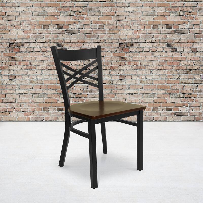 Steel X-back Restaurant Chair (Set of 2) - 16.5"W x 17"D x 32.25"H - Mahogany Wood Seat/Black Metal Frame