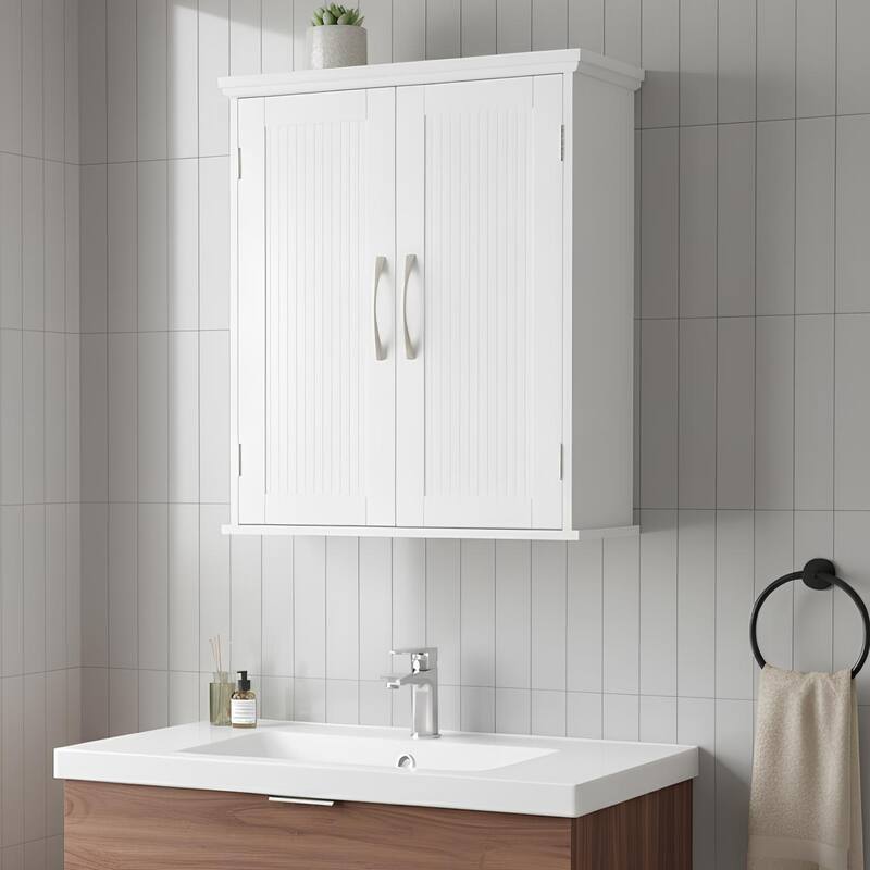 Teamson Home Removable Wall Cabinet with Beadboard Doors & Adjustable Shelf, White Storage for Bathroom, Kitchen or Laundry Room