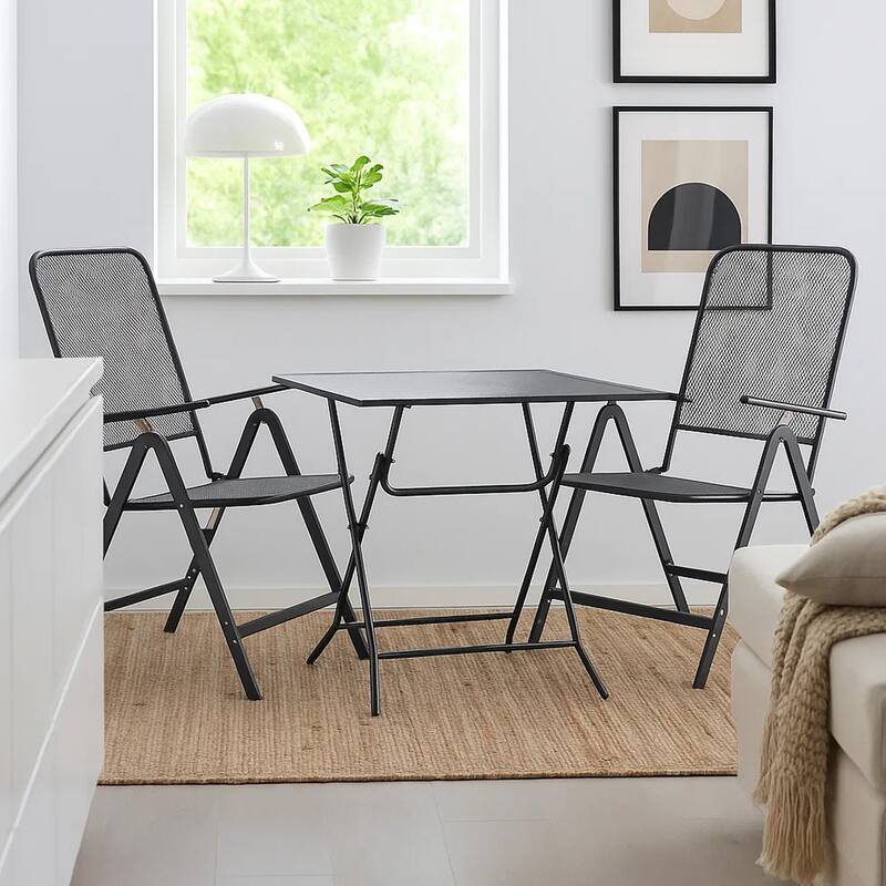 Zofi 3pc Outdoor Dining Chair and Table Set, Foldable Mesh Gray Metal