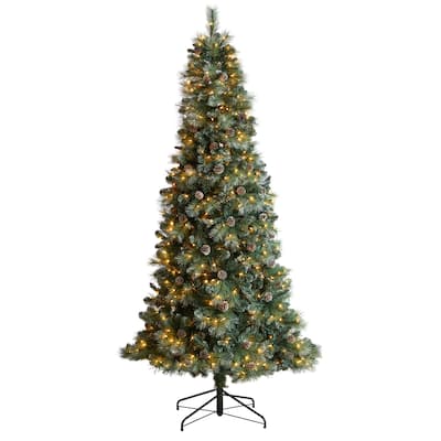 8ft. Frosted Tip Pine Artificial Christmas Tree with 500 Clear Lights, Pine Cones & 1112 Branches - Snow-Kissed X-Mas Tree