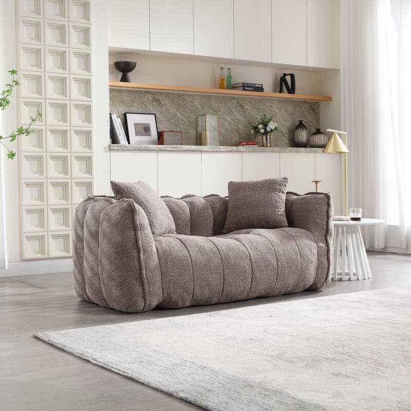 2-Seater Chenille Bean Bag Loveseat, Soft Square Recliner Sofa with High-Resilience Foam, Armrests & 2 Pillows - Brown