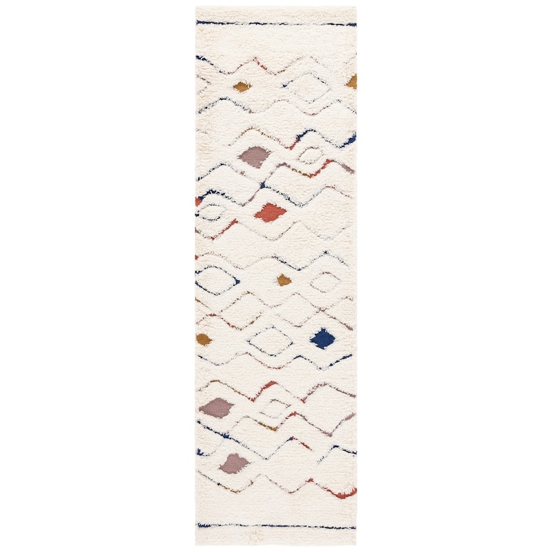 SAFAVIEH Handmade Casablanca Jodis Shag Boho Wool 1-inch Rug - 2'3" x 8' Runner - Ivory/Rust