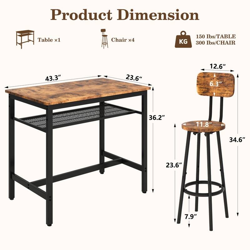 5-Piece Industrial Bar Table Set with Metal Shelf, Dining Set, Counter Height Table & 4 Bar Stools