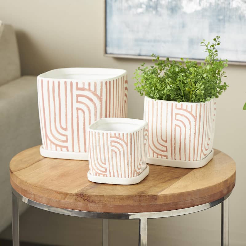 Ceramic Arched Patterned Indoor Outdoor Planter with Attached Saucer - Set of 3 Black, Green or Pink - Roche River Decor