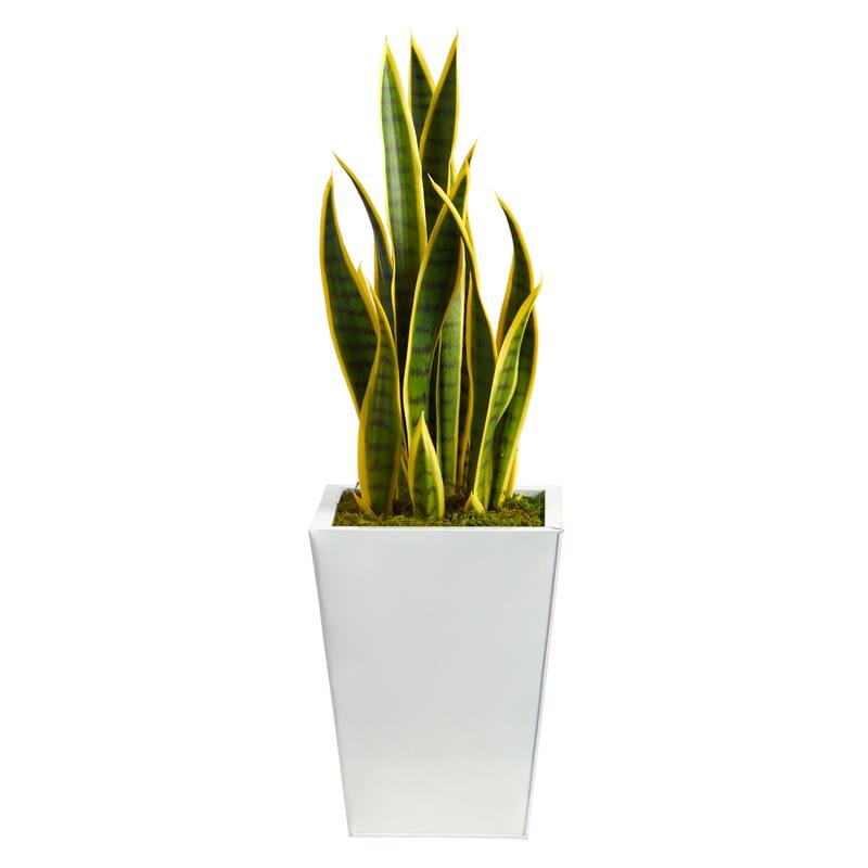 Artificial Snake Plant in Planter - 31" Tall Faux Plant with Black Metal Base - Home Decor Accent - Green