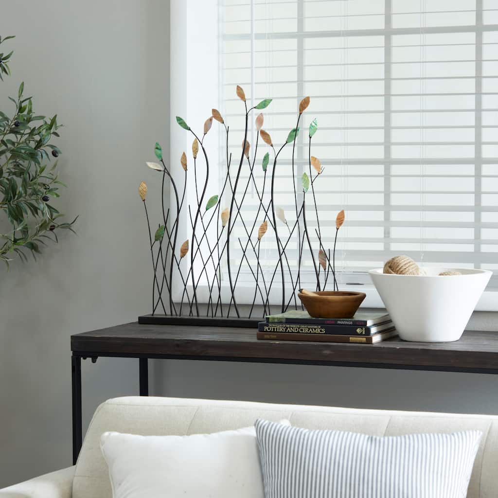 Whimsical Black Metal Leaf Sculpture with Black Base