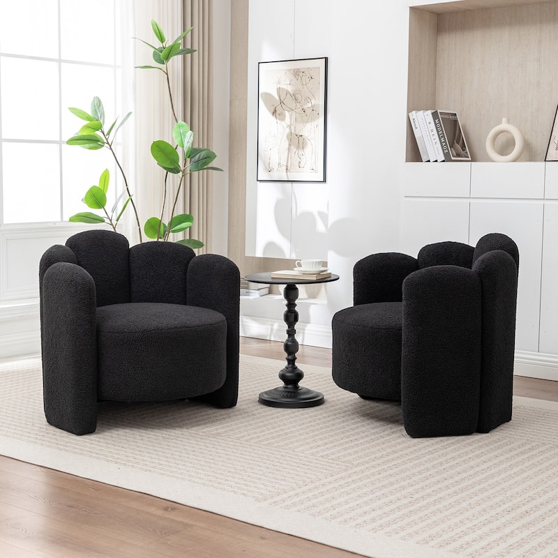 SEYNAR Modern Glam Teddy Fabric Upholstered Round Accent Chair with Flower Shaped Back Design Set of 2