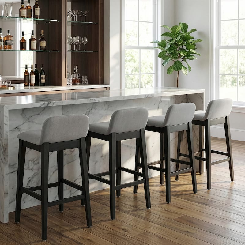 Set of 2 Atia Black Rubberwood Stool with Low Back Fabric Seat