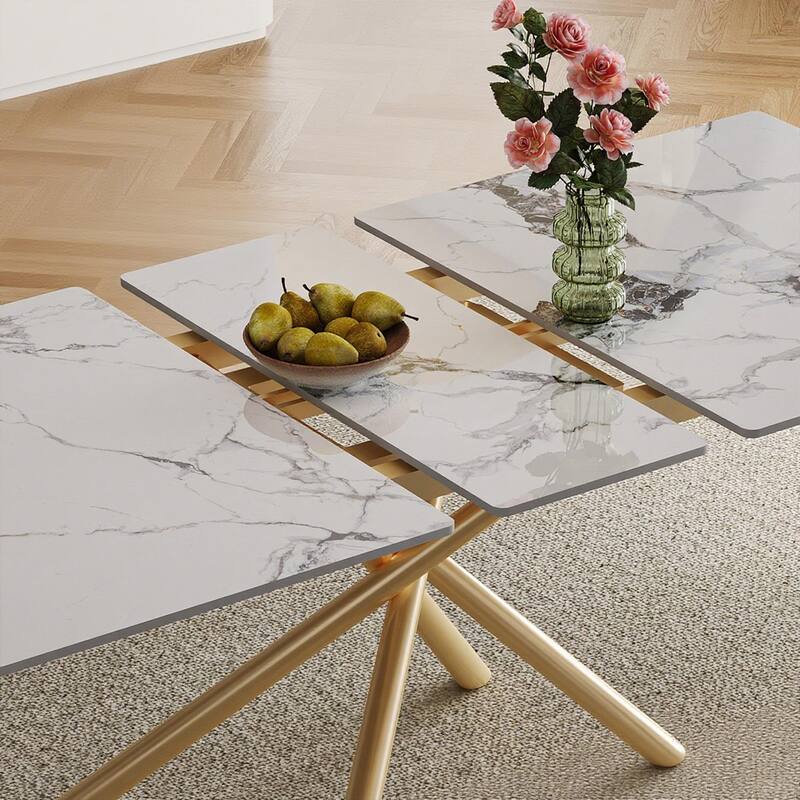 59-inch Modern Round Expandable Dining Table, Burnt Stone Top & Golden Carbon Steel X-Base, Sturdy 4-6 Person Table