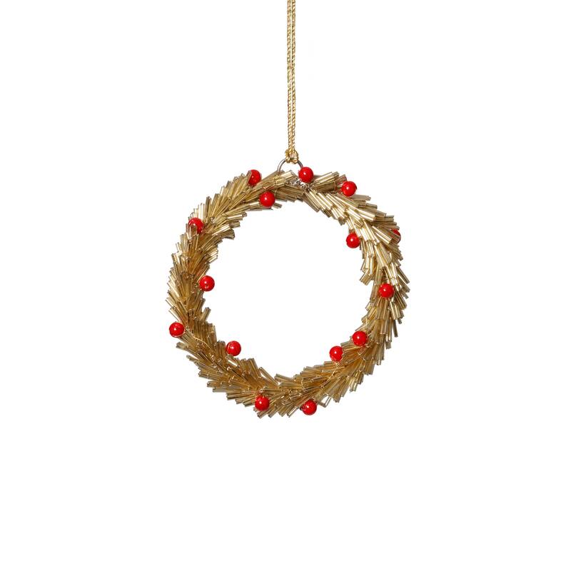Festive Beaded Christmas Round Hanging Ornaments with Red Berries, Set of 12, 4" - Gold