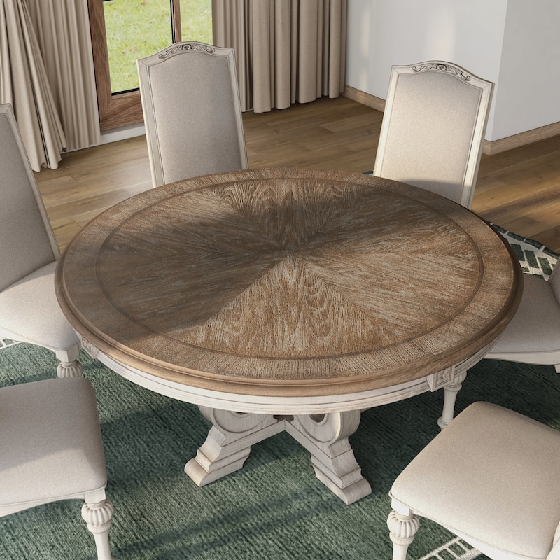 Caelum Farmhouse White Fabric Upholstered 7-Piece Round Dining Set By The Gray Barn