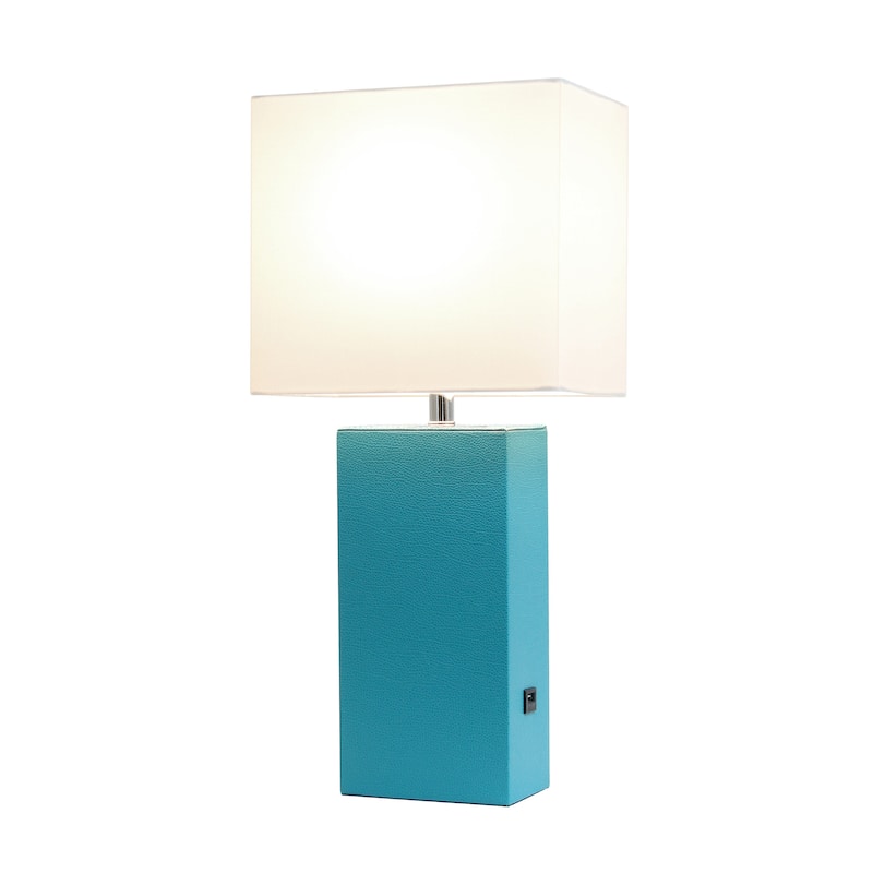 Modern Leather Table Lamp with USB and White Fabric Shade