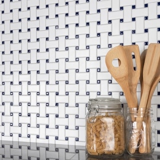 Merola Tile Metro Basketweave White w/ Glossy Cobalt Dot 11-3/4" x 11-3/4" Porcelain Mosaic Floor and Wall Tile