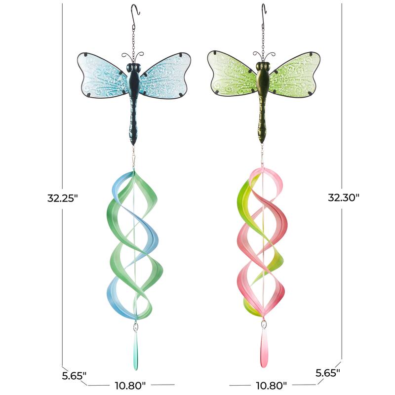 Multi Colored Metal Swirl Wind Spinner Dragonfly Windchime with Dangling Charms (Set of 2 or 3)