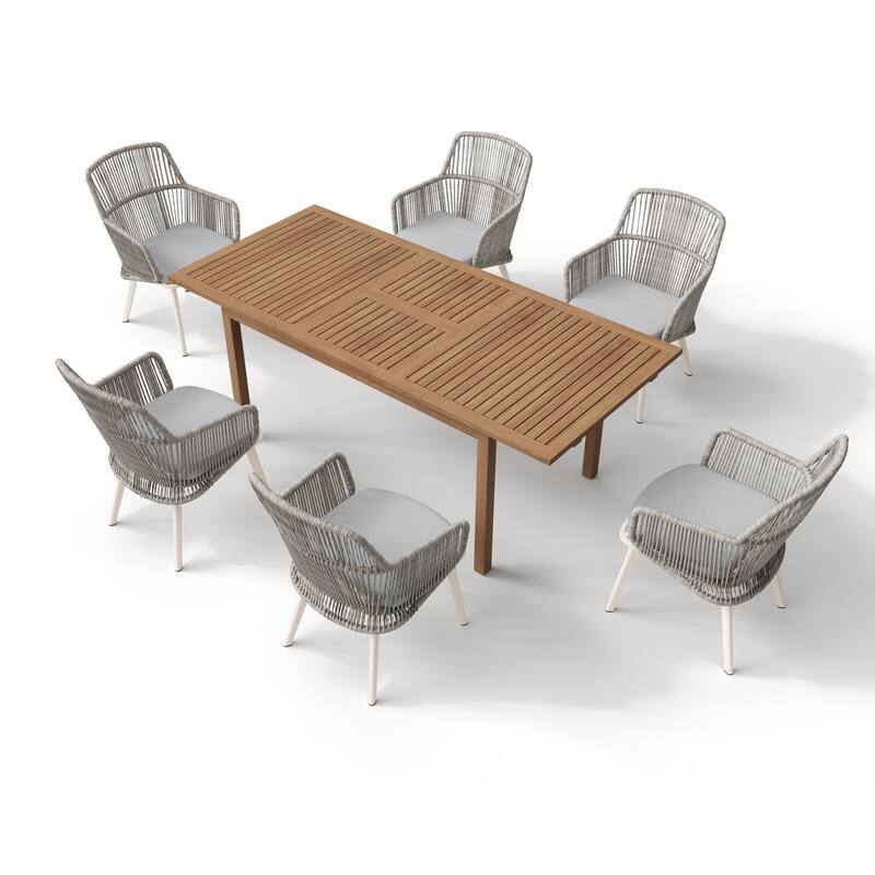 Outdoor Patio Dining Set PE Wicker Arm Chair and Extendable Dining Table (7-Piece Set)