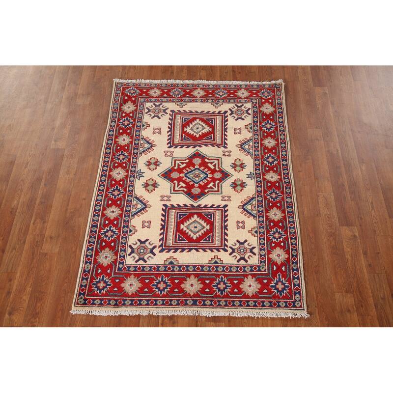Ivory Kazak Oriental Accent Rug Hand-Knotted Wool Carpet - 3'5"x 4'10"