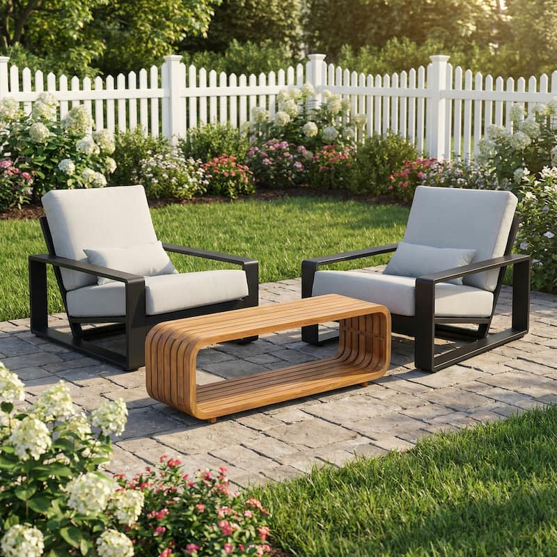 Christopher Knight Home - Outdoor Aluminum Conversation Set with Cushioned Chairs and Acacia Wood Coffee Table (3-Piece Set) - Black,LIGHT GREY