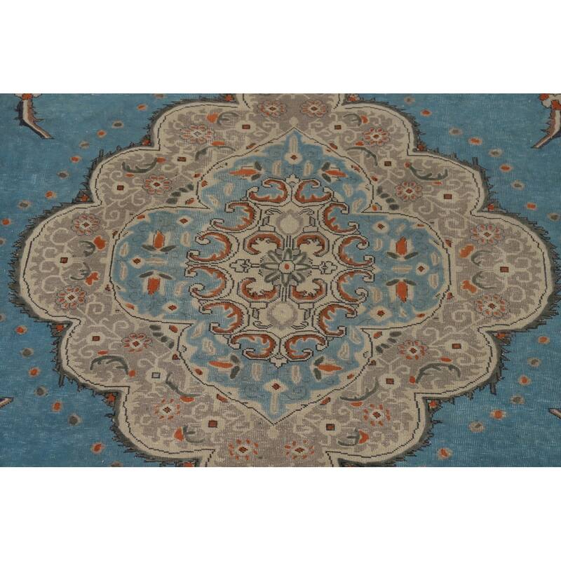 Blue Tabriz Vintage Persian Area Rug Handmade Traditional Wool Carpet - 9'7" x 12'8"
