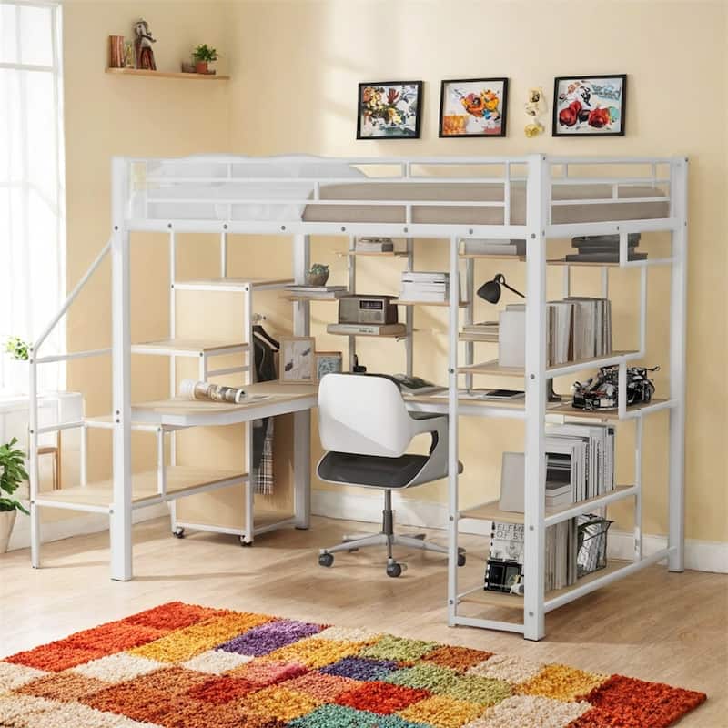 Full Size Metal Loft Bed with Storage Staircase and Small Wardrobe