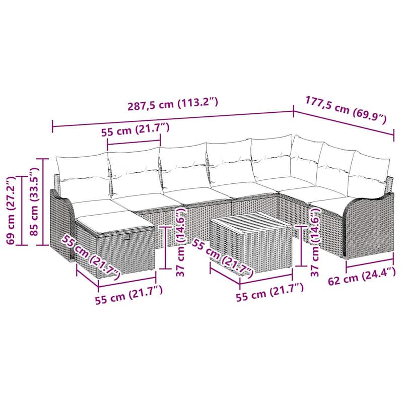vidaXL 9 Garden Sofa Set with Cushions Black/Grey Poly Rattan - 113.2 x 69.9 x 27.2