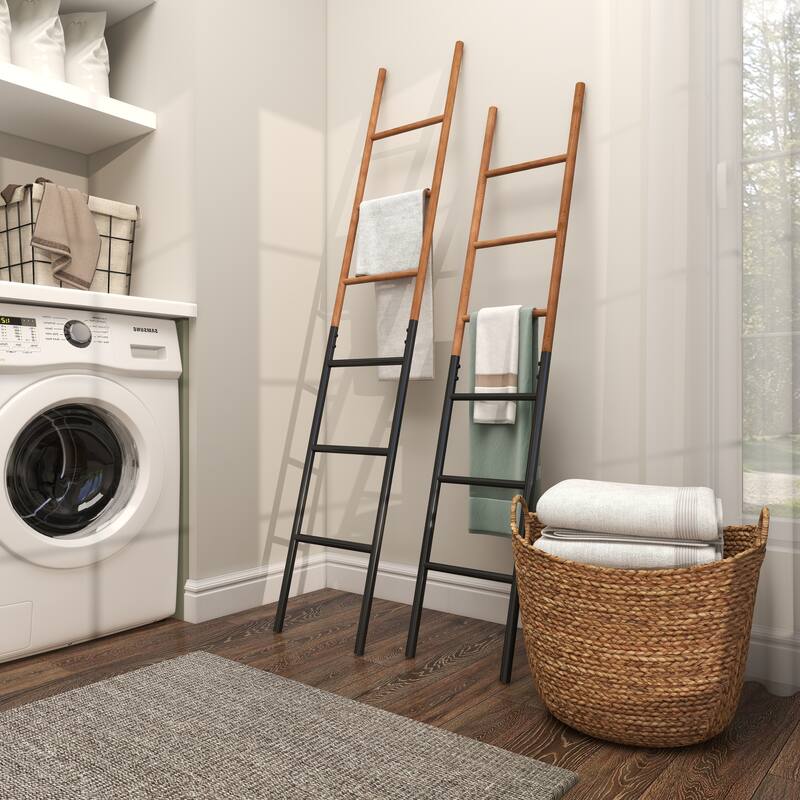 Brown Wood Slim Two-Toned 12 Rug Ladder with Black Metal Bases (Set of 2)