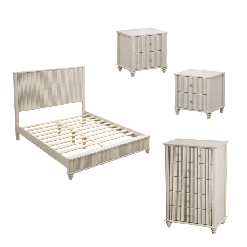 Bedroom Set with Wooden Platform Bed and Nightstands