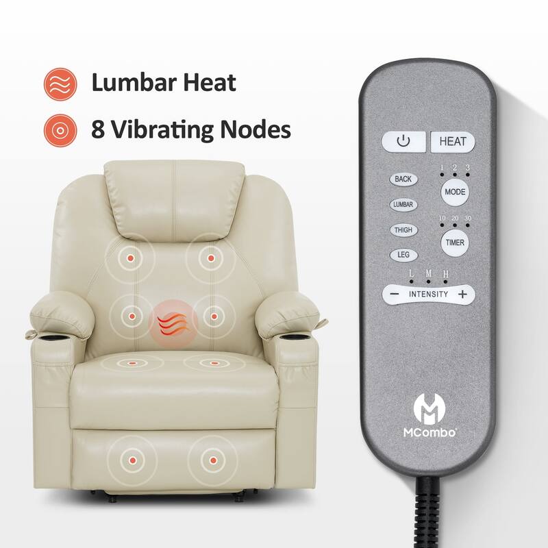 MCombo Medium-Wide Power Lift Recliner Chair Sofa with Massage and Heat for Elderly People, Faux Leather R7045