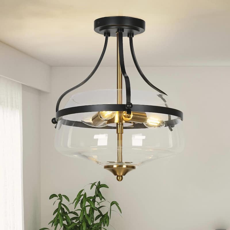 Rella Modern Farmhouse Black Gold Semi Flush Mount Light with Clear Drum Glass for Hallway - D 14" x H 14.6"