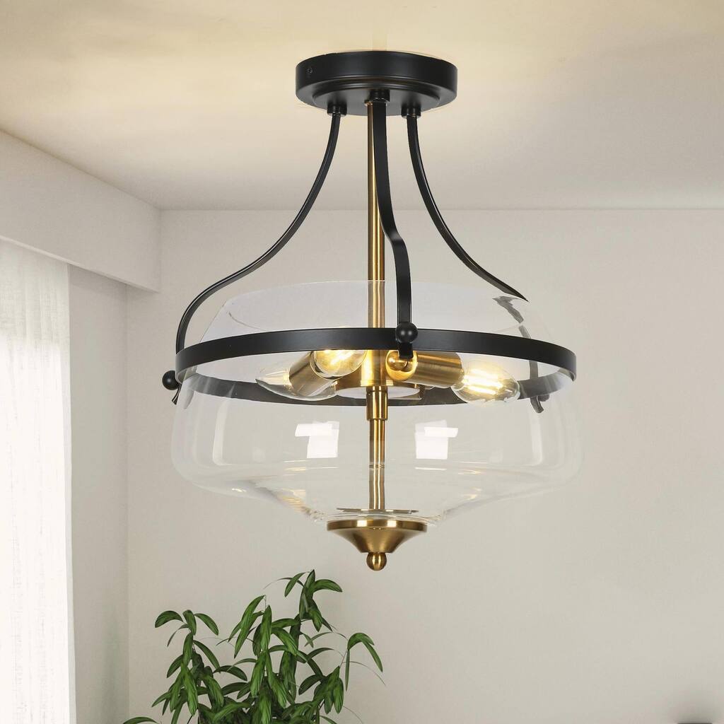 Rella Modern Farmhouse Black Gold Semi Flush Mount Light with Clear Drum Glass for Hallway - D 14" x H 14.6"