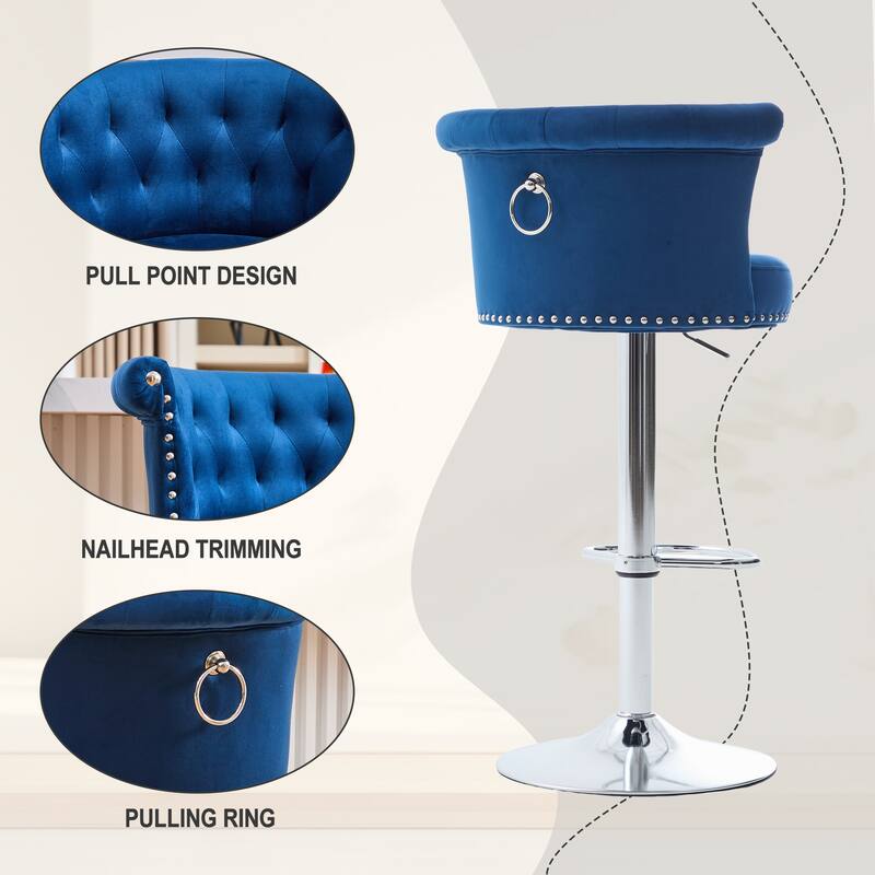 Velvet Bar Stool Set of 2, Adjustable Swivel Bar Stools with Silver Plated Metal Leg, Chrome Nailhead, Counter Height Chair