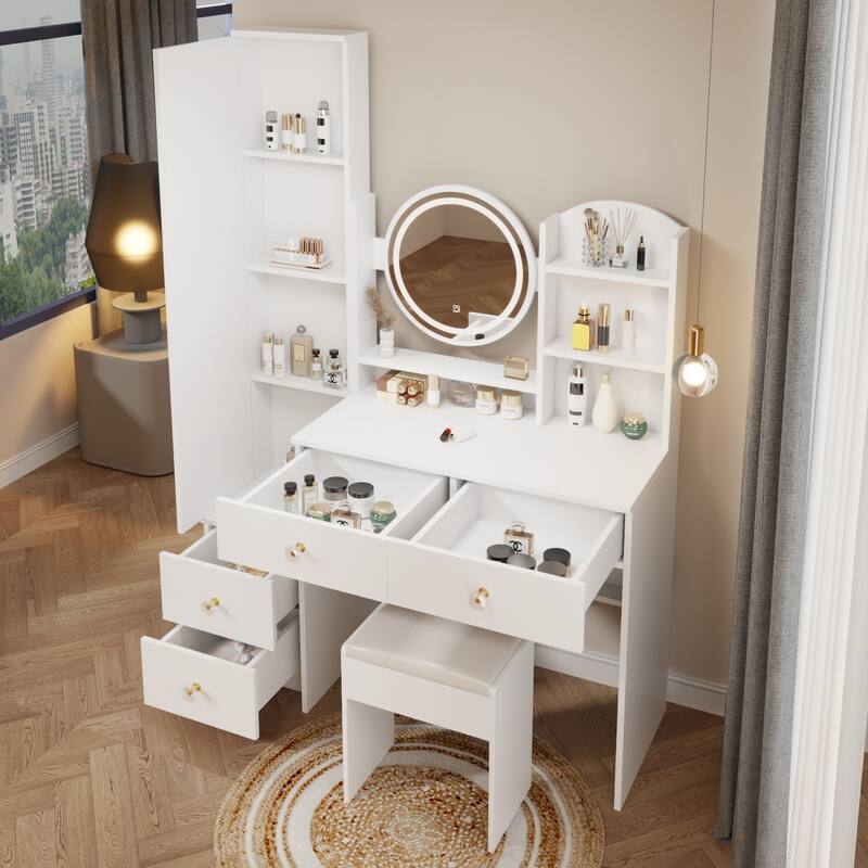 Makeup Vanity Desk with Mirror Cabinet & Cushioned Stool, Vanity Table Dressing Table w/ 4 Drawers, Storage Shelves & LED Mirror