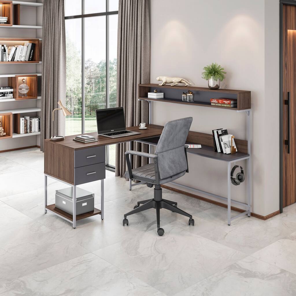 L-Shape Desk with Hutch and Storage for Office Room,Living Room