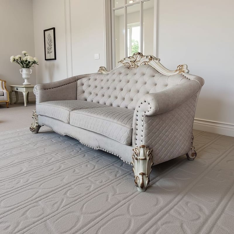 Antoine Sofa, 6 Pillows, Tufted Ivory Fabric, Pearl White, 89 Inch