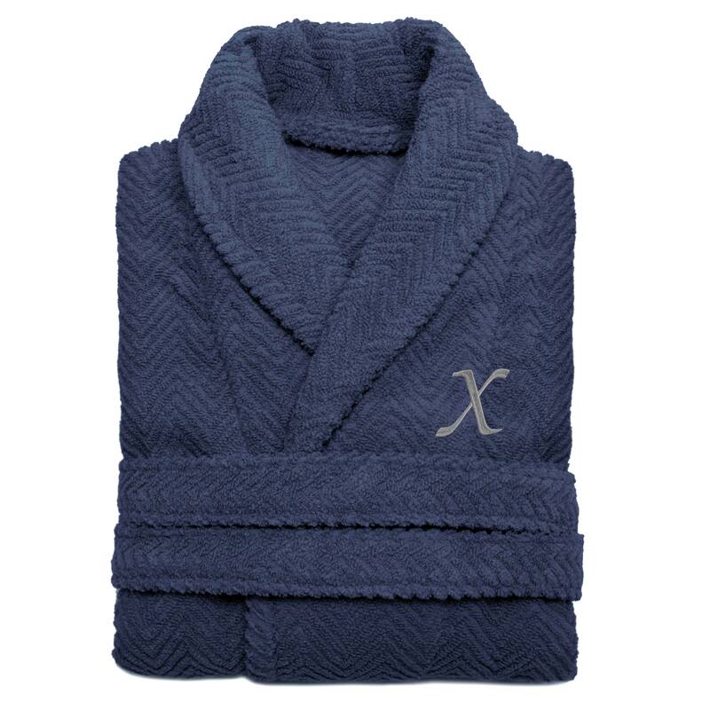 Authentic Hotel and Spa Midnight Blue with Grey Monogrammed Herringbone Weave Turkish Cotton Unisex Bath Robe - S/M - X